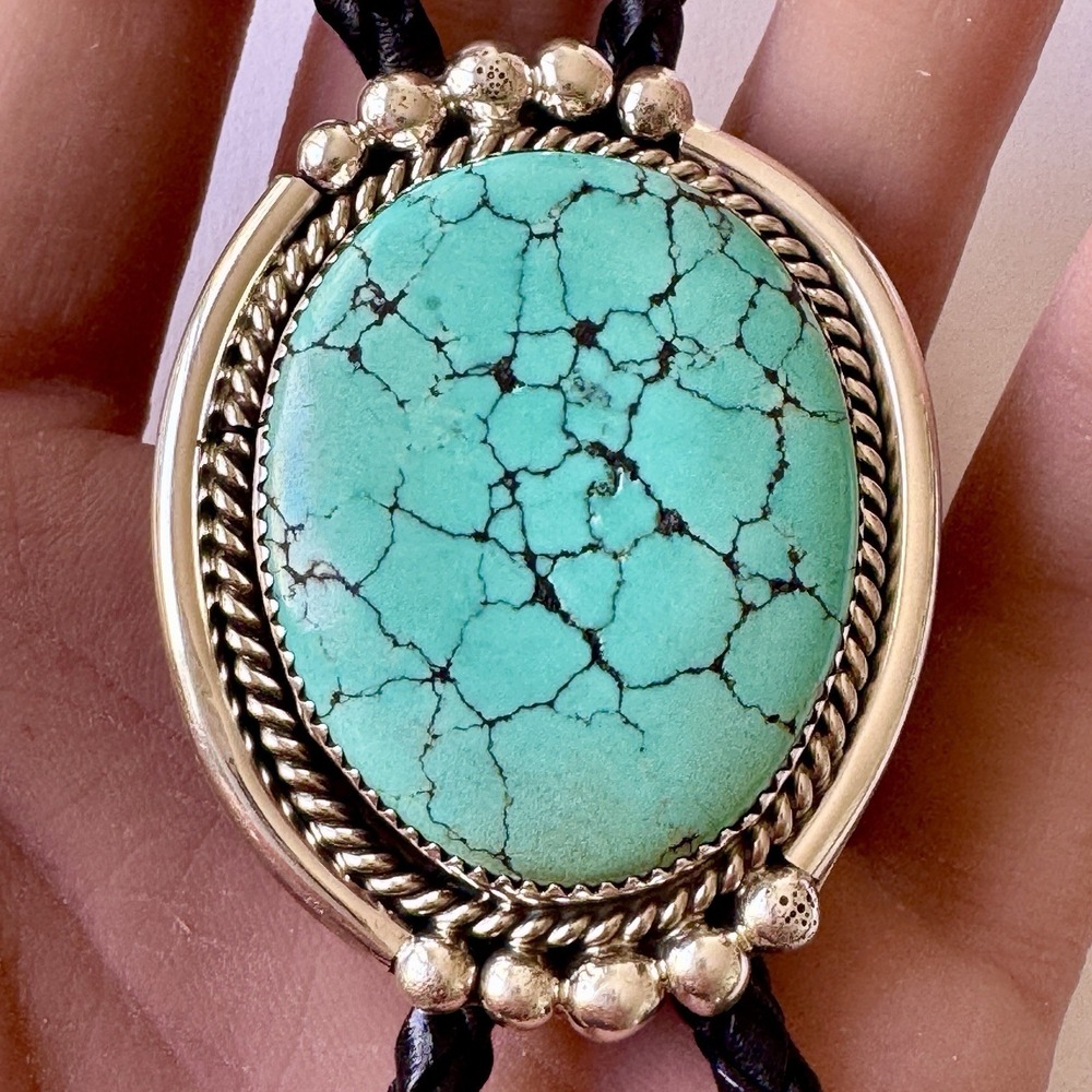 Navajo Bolo Tie #8 Mine Turquoise Signed M Thomas Native American Sterling 26g